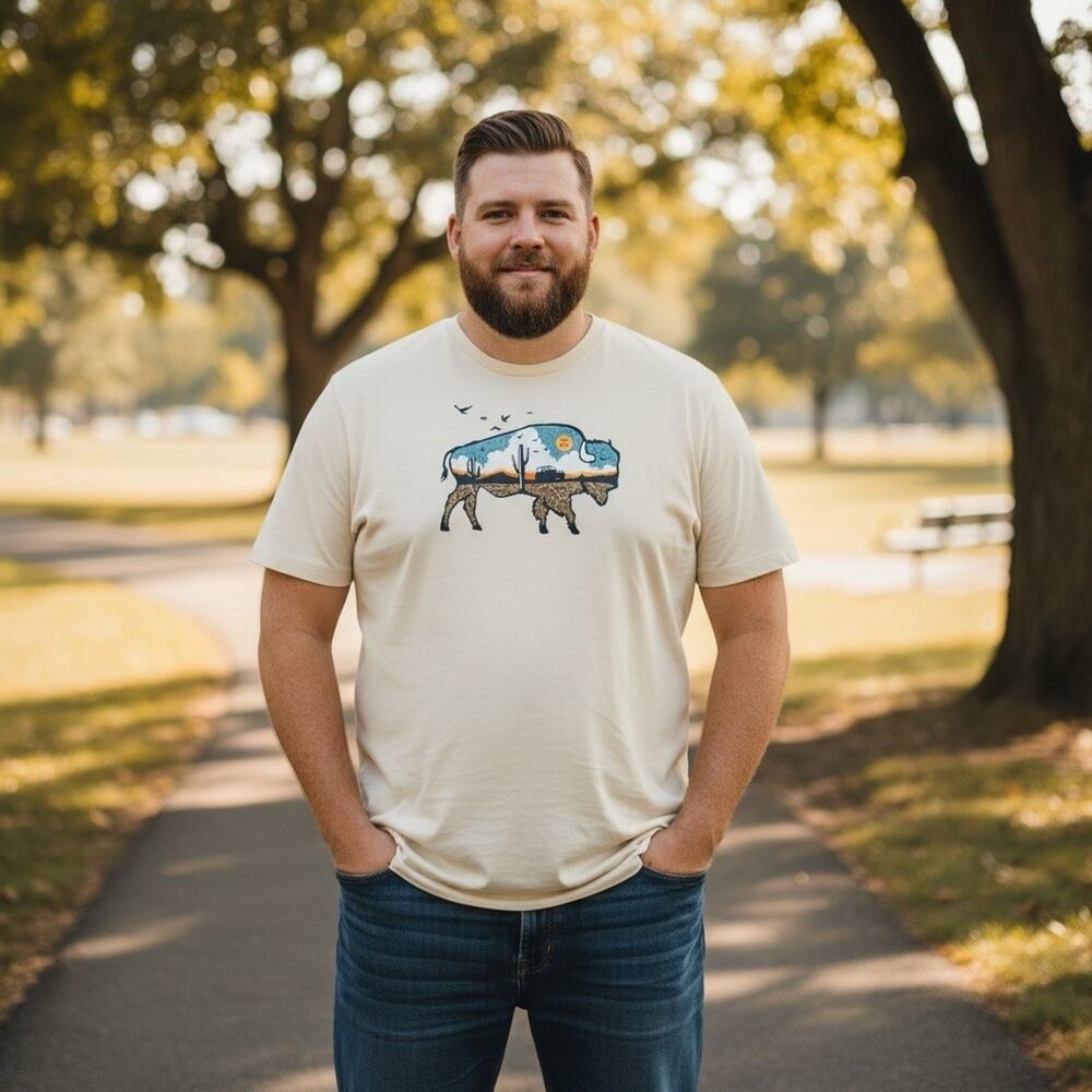 Life Is Good Men’s XXL Graphic T-Shirt Bison Buffalo Short Sleeve Tee Tan